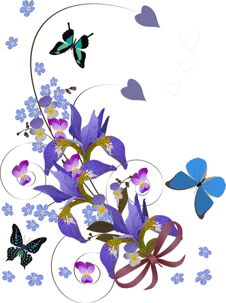 Three butterflies and iris floral curl — Stock Vector