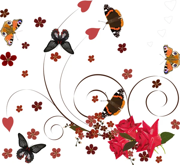 Rote Schmetterlinge und Rosen — Stockvektor
