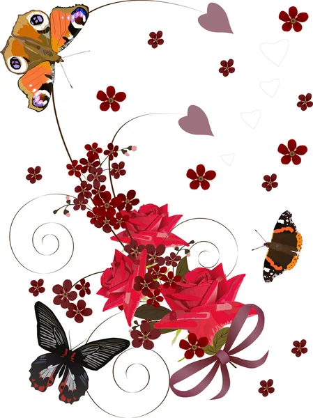 Röda rosor och fjärilar — Stock vektor