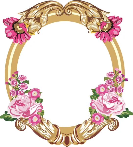 Marco de oro y flores rosadas en blanco — Vector de stock