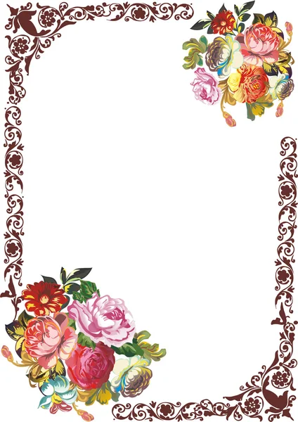 Marco marrón con flores rojas — Vector de stock