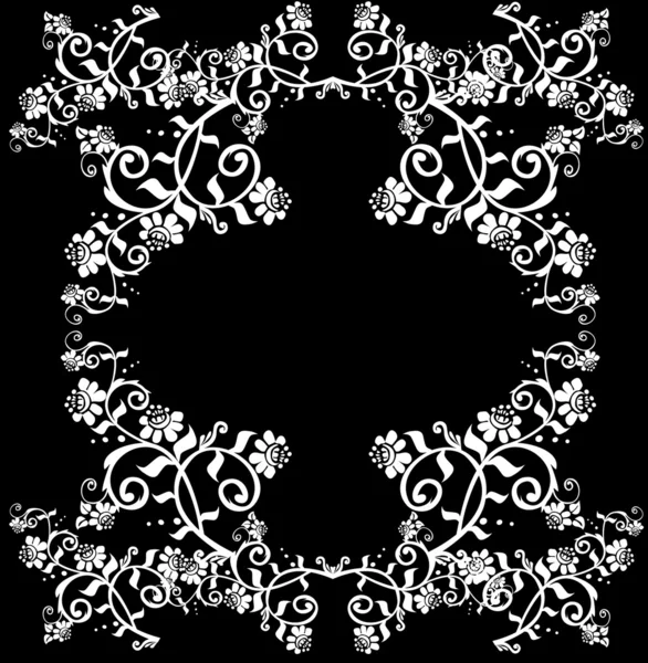 Λευκό σε μαύρο πλαίσιο με συμμετρική λουλούδια — Διανυσματικό Αρχείο