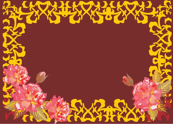 Rosas rosadas y marco de rizo dorado — Vector de stock