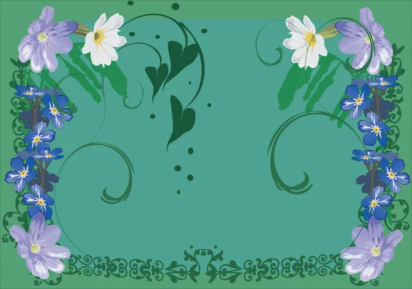 Marco de flores azul, lila y blanco — Vector de stock