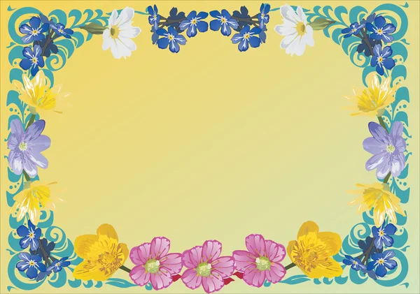 Marco de flores azul, amarillo y rosa — Vector de stock