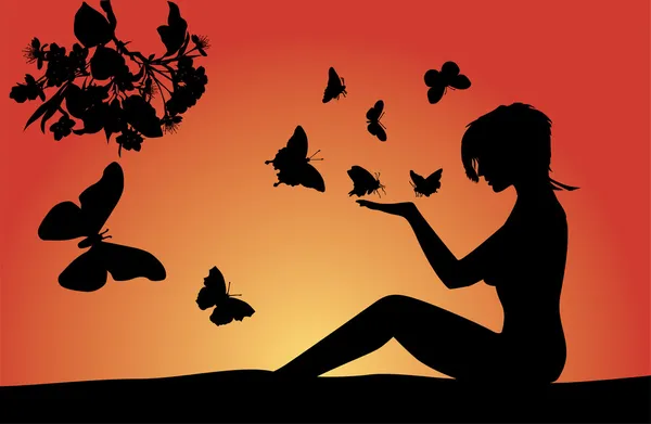 Kvinna och fjärilar i solnedgången — Stock vektor