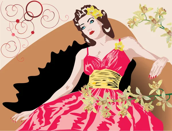 Woman in red dress and orchids — Stock Vector