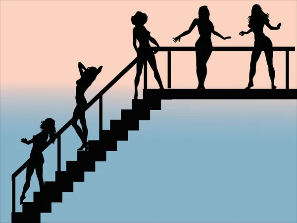 Merdiven üzerinde kadın siluetleri — Stok Vektör