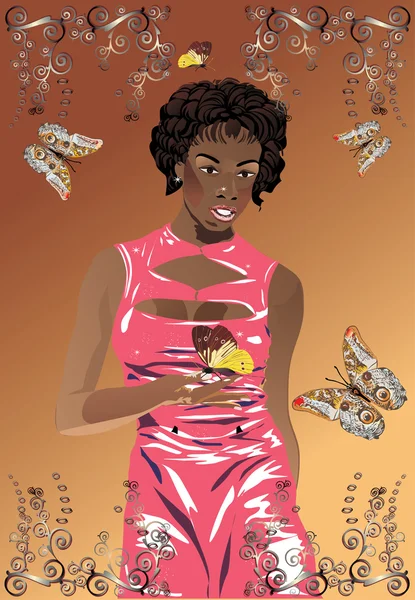 Γυναίκα σε ροζ φόρεμα και πεταλούδες — Διανυσματικό Αρχείο