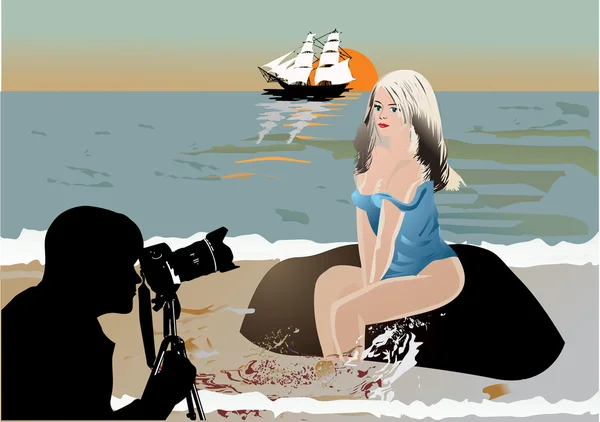 Fotógrafo e modelo de foto perto do mar — Vetor de Stock
