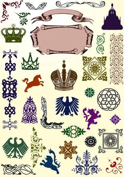 Set hewan heraldik dan ornamen - Stok Vektor