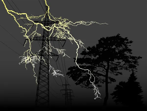 बिजली, पेड़ और उच्च वोल्टेज लाइन — स्टॉक वेक्टर