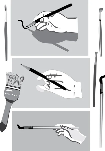 Mänskliga händer, pennor och penslar — Stock vektor