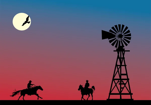 Twee cowboys bij zonsondergang — Stockvector