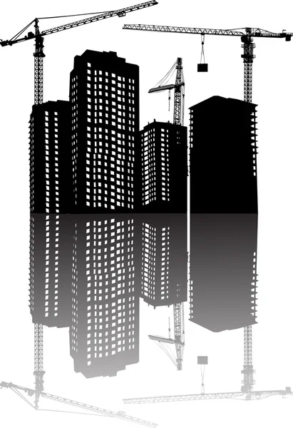 Reflection of buildings and cranes — Stock Vector