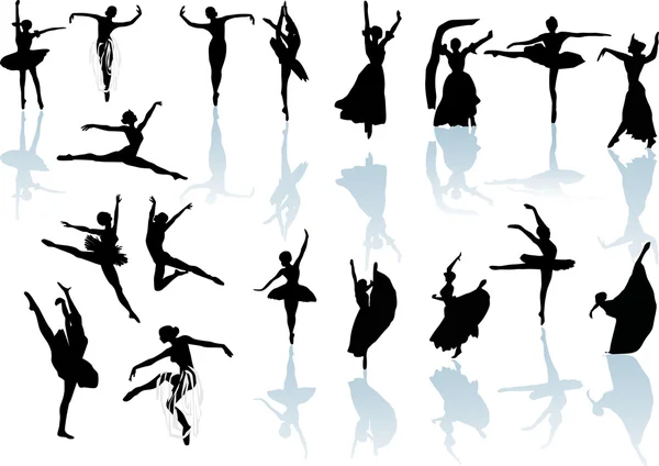 Eighteen dancers with reflection — Stock Vector