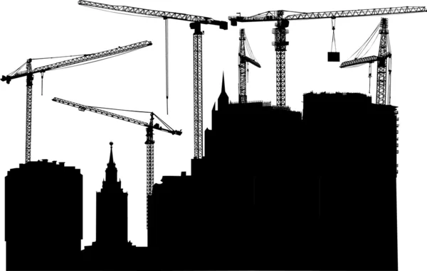Six cranes and building — Stock Vector