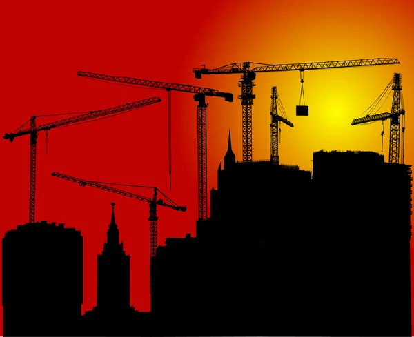 Pôr do sol e construção de casa — Vetor de Stock