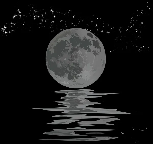 Luna llena, estrellas y su reflejo — Vector de stock