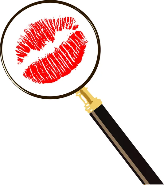 Rote Lippen Abdruck und Lupe — Stockvektor