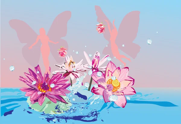 Квіти лотоса у воді та феї — стоковий вектор