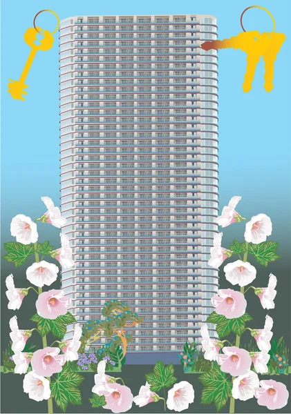 Grattacielo, fiori e chiavi — Vettoriale Stock