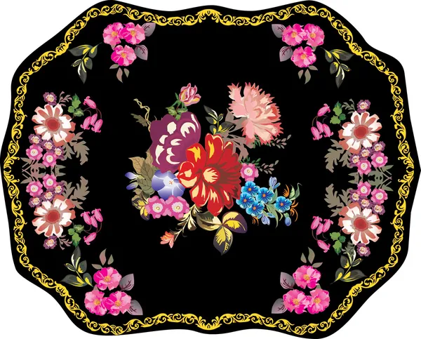 Розовый на черных цветах в золотой рамке — стоковый вектор