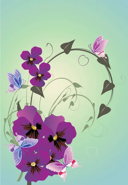 Lila pillangók és a virágok dekoráció — Stock Vector