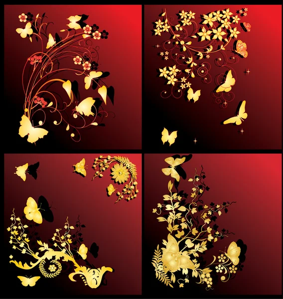 Gold butterflies and flowers decorations — Stock Vector