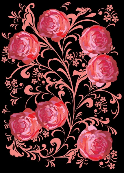 Seven roses pattern on black — Stock Vector