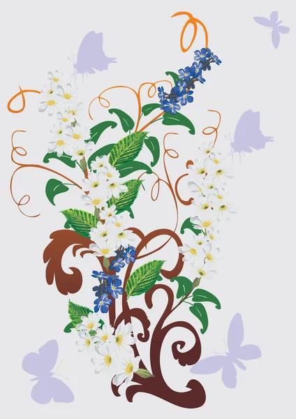 Fleurs blanches et bleues avec des papillons — Image vectorielle
