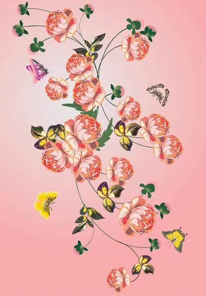 Красная роза украшения и бабочки — стоковый вектор