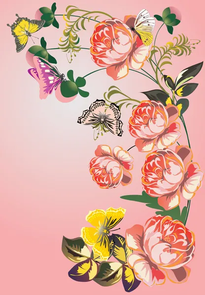 Ροζ paeons και πεταλούδες — Διανυσματικό Αρχείο