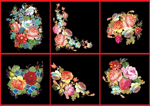 Коллекция из шести букетов роз на черном — стоковый вектор