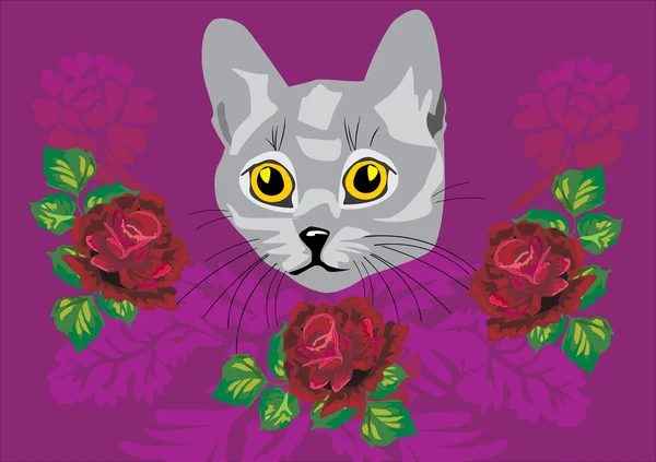 Cat and three roses — Stock Vector