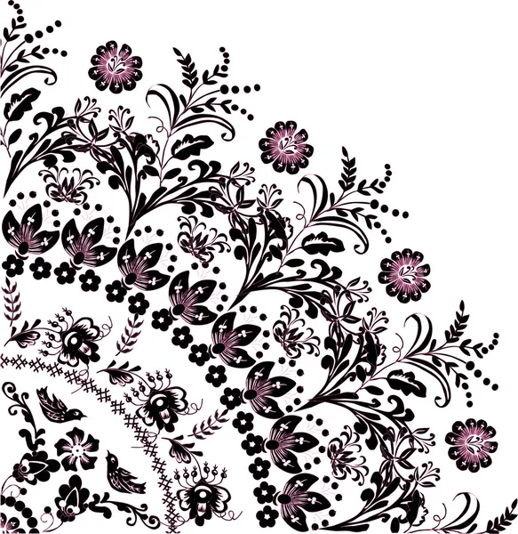 Schwarz mit rosa Blütenquadrantenornament — Stockvektor