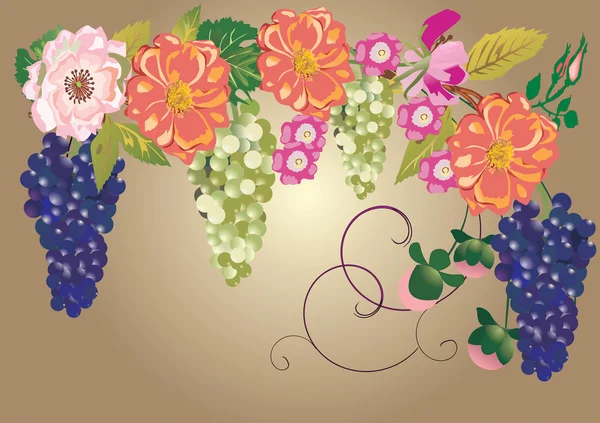 Виноград і квіти на коричневому — стоковий вектор