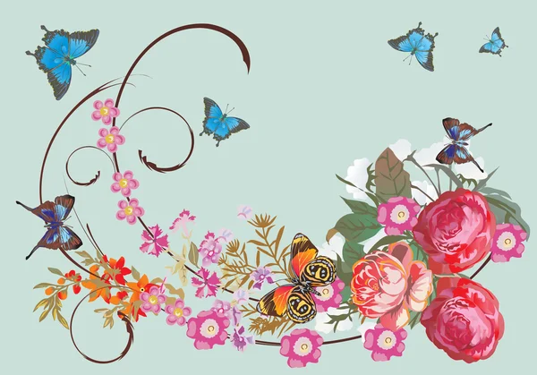 Голубые бабочки и розовые цветы — стоковый вектор