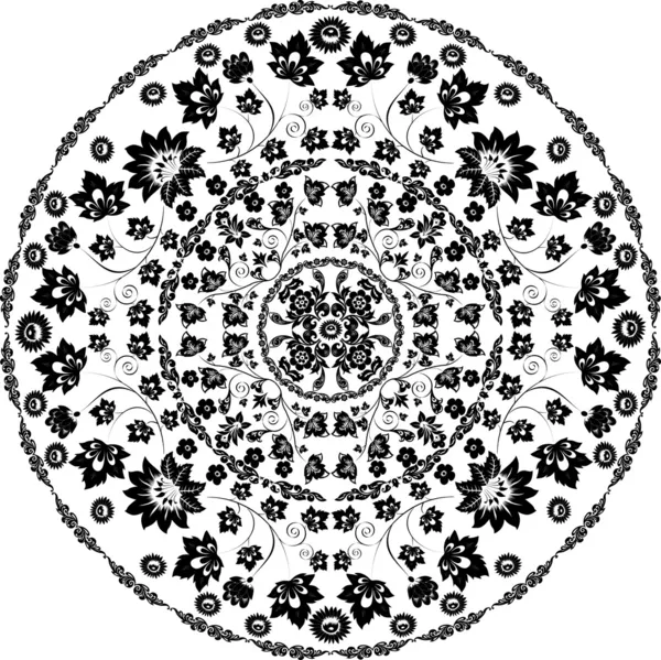 Černý obrázek s květinami v kruhu — Stockový vektor