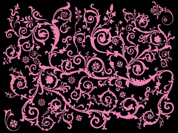 Riccioli floreali rosa su nero — Vettoriale Stock