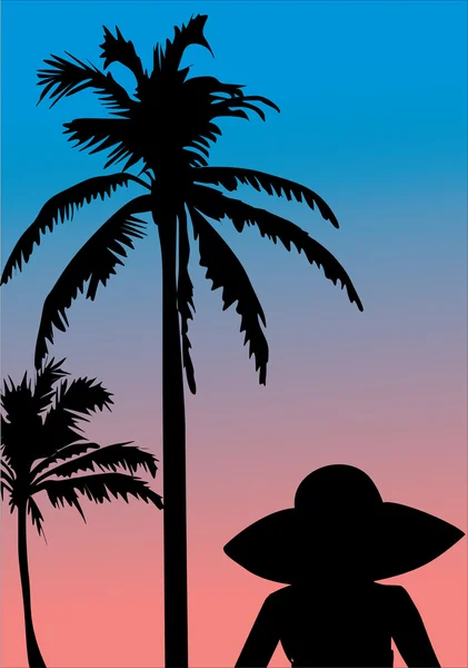 Palm en vrouw silhouetten bij zonsondergang — Stockvector