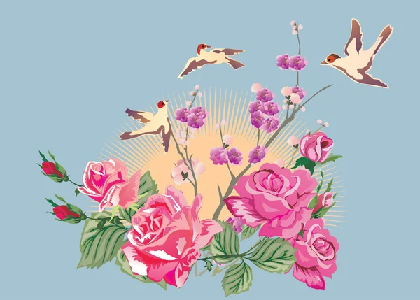 Roses, oiseaux et soleil — Image vectorielle
