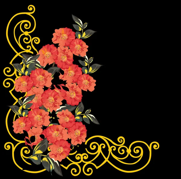 Flores rojas en rincón rizado oro — Vector de stock