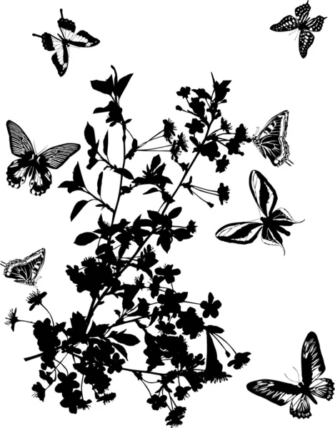 Seven butterflies and cherry tree — Stock Vector