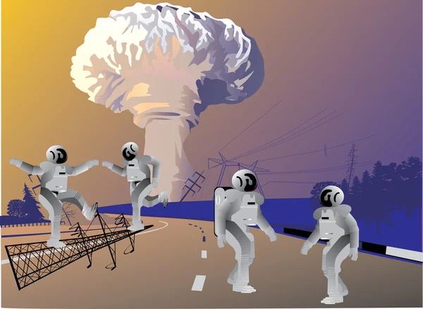 Robots and atomic explosion — Stock Vector