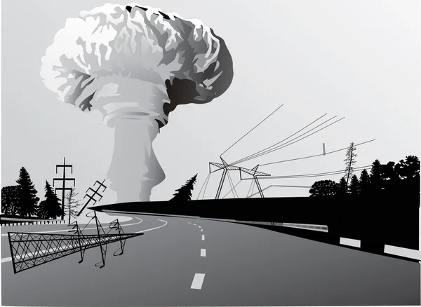 Atomic explosion cloud above road — Stock Vector
