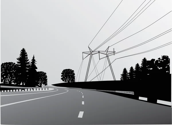 Електрична лінія в лісі біля дороги — стоковий вектор