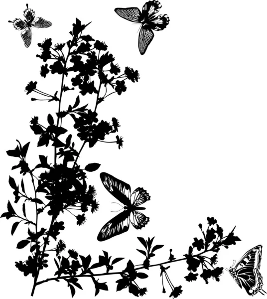 Sakura corner and butterflies — Stock Vector