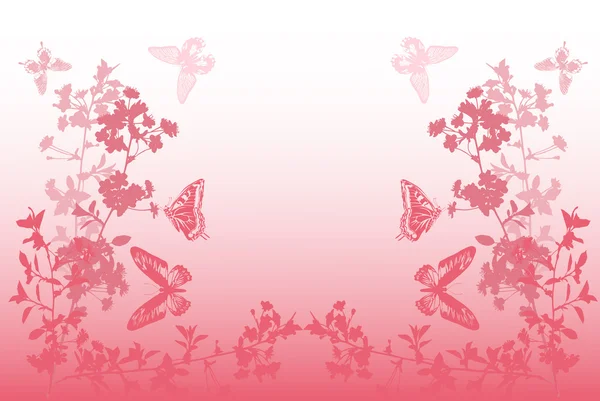 Mariposas y media flor marco rosa — Vector de stock
