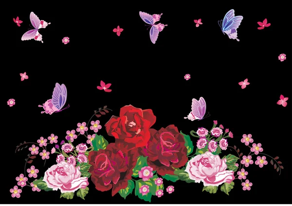Cacho de rosas vermelhas e borboletas em preto — Vetor de Stock
